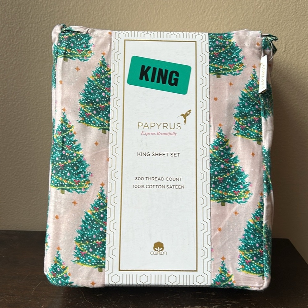 Papyrus New King Sheet Set 300 Count Cotton Sateen Christmas Evergreen Trees
